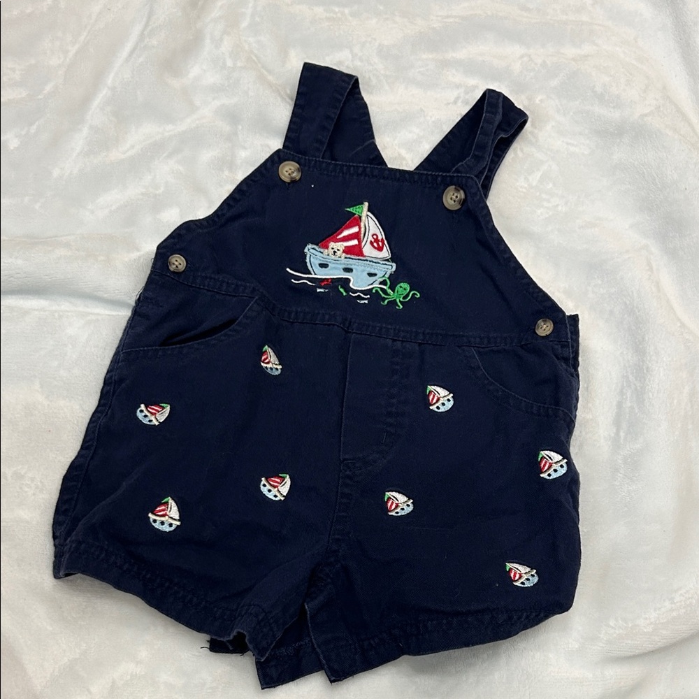 Starting Out Dark Blue Sailboat Baby Overall Romper